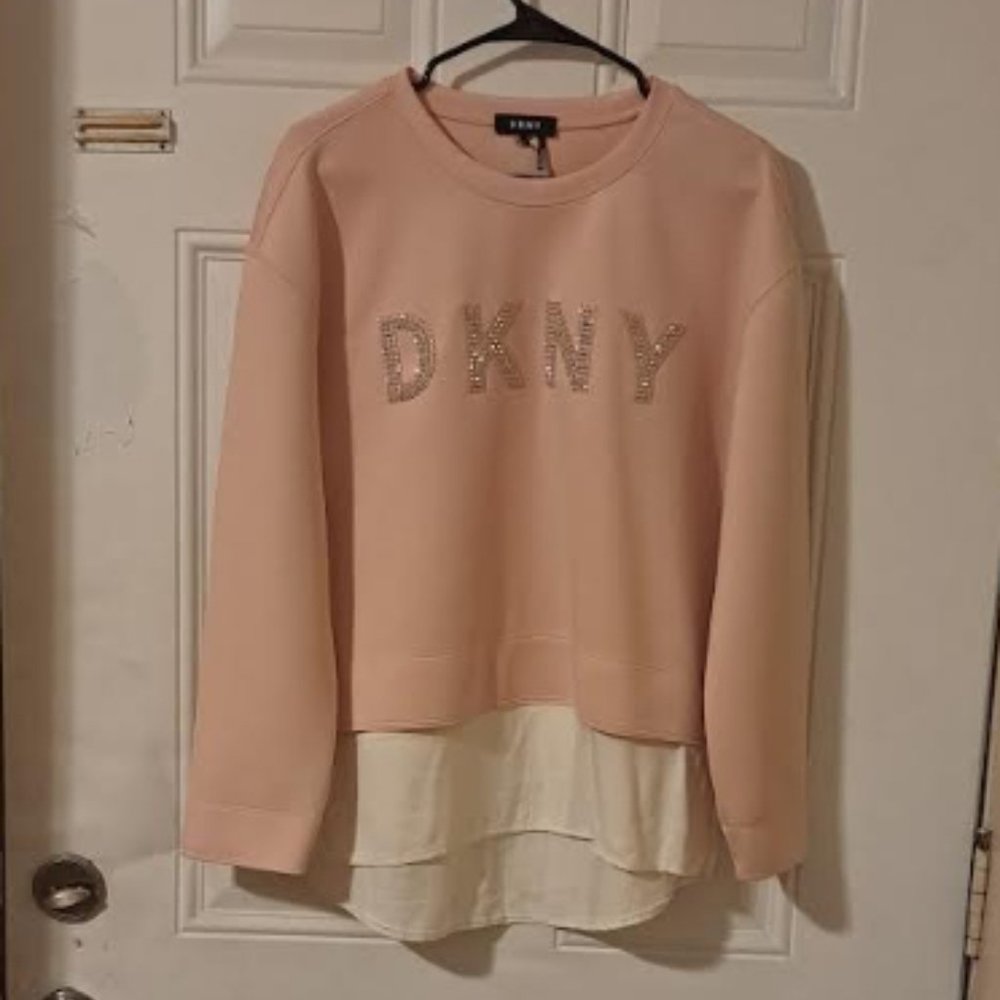 NWOT DKNY Pink and White Top with Rhinestone Letters size Large
